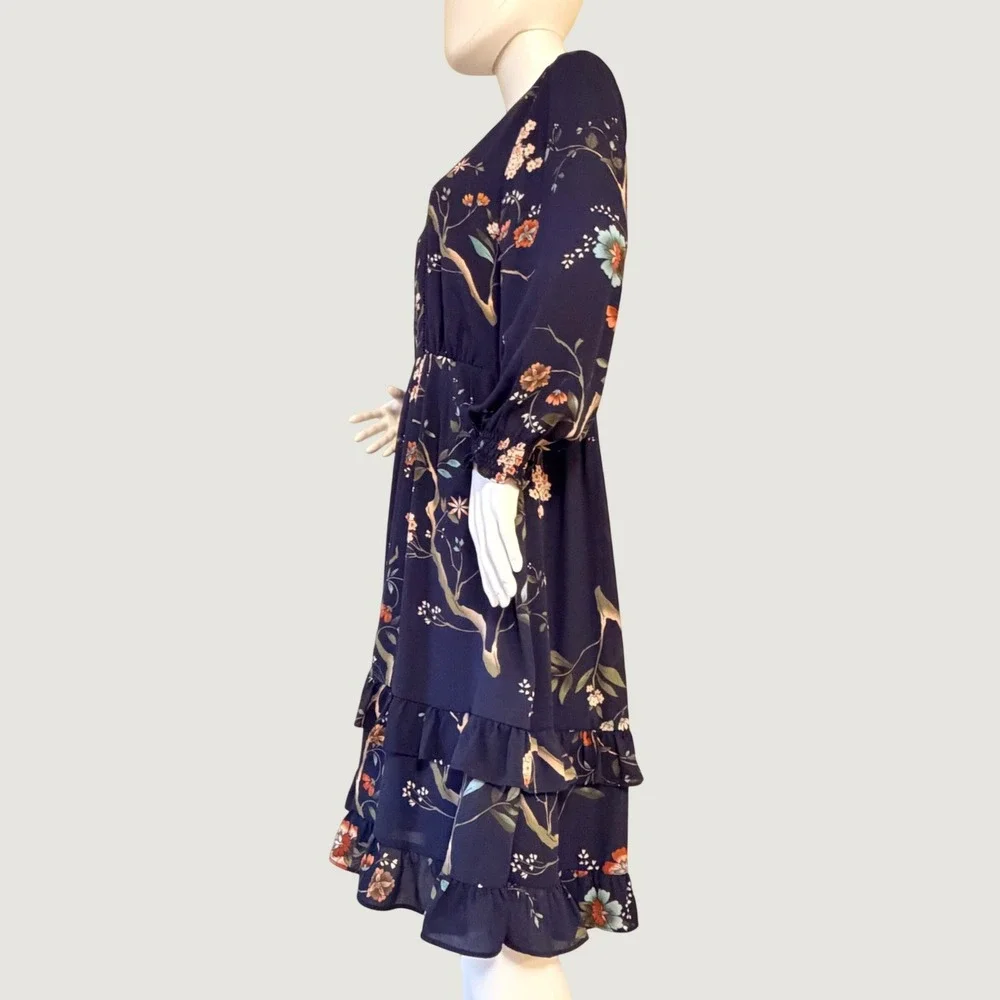 Nanette Lepore Womens Navy Blue Floral V-Neck Tiered Ruffle Midi Dress Size 10